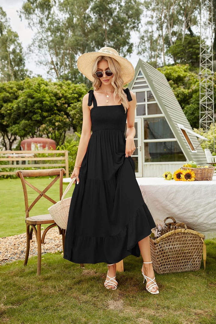 Kinstel Damen Sommer Boho Spaghetti Strap Square Neck Rüschen Casual Flowy Langes Kleid Strand Swing