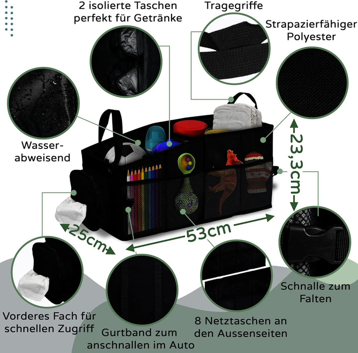 Soz® Wärmeisolierter Kofferraum-Organizer – Faltbare multifunktions XL Auto-Box mit 12 Fächern – 24