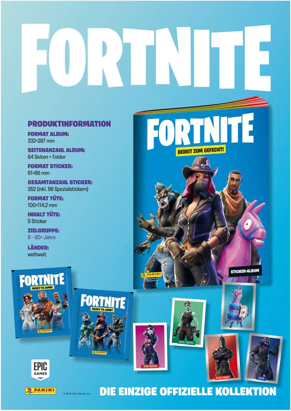 Sammelsticker Fortnite, offizielle Kollektion, 50 Booster im Display, 5 Sticker je