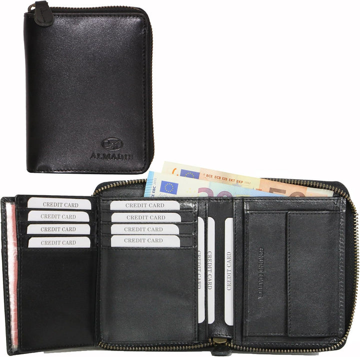 ALMADIH Premium Leder Portemonnaie Hochformat mit Reissverschluss 17 Kartenfächer in Geschenkbox - P