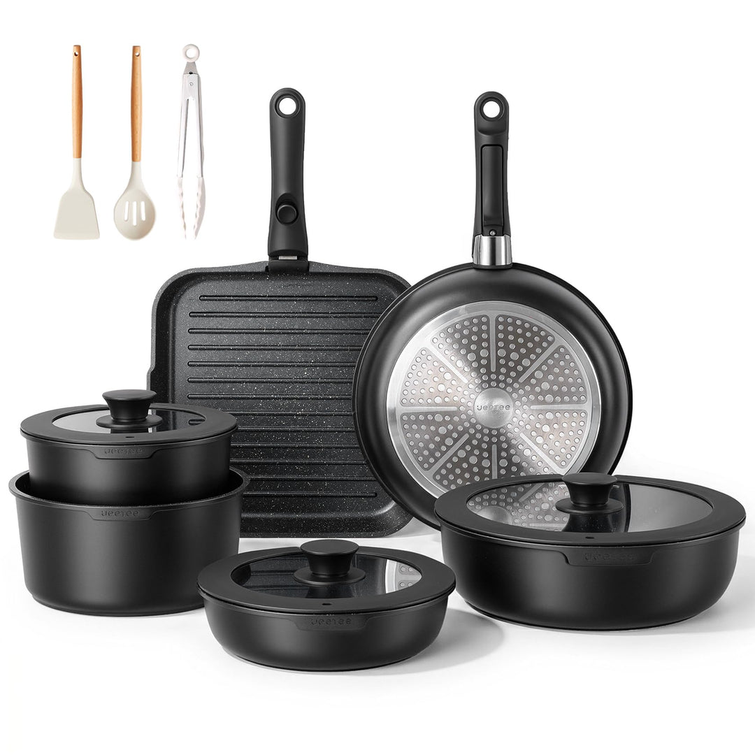 JEETEE Topfset Pfannenset mit abnehmbarem Griff 25-Teilig, Pfanne 20/26cm, Kochtopf 18/20cm, Tiefe B