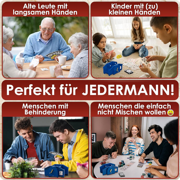 Weidebach® Blaue Kartenmischmaschine mit Goldener Kurbel für alle Standard Kartenspiele, Kartenmisch