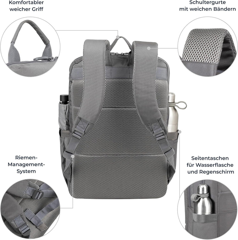 Rivacase Laptop Rucksack 22L bis 17,3 Zoll – 32 x 46,5 x 16 cm – wasserabweisender moderner Tagesruc