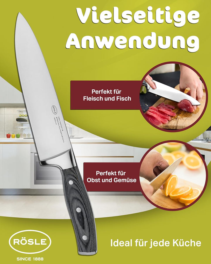 RÖSLE Kochmesser WOLFGREY 20 cm – Hochwertiges und scharfes Küchenmesser, universell einsetzbar für