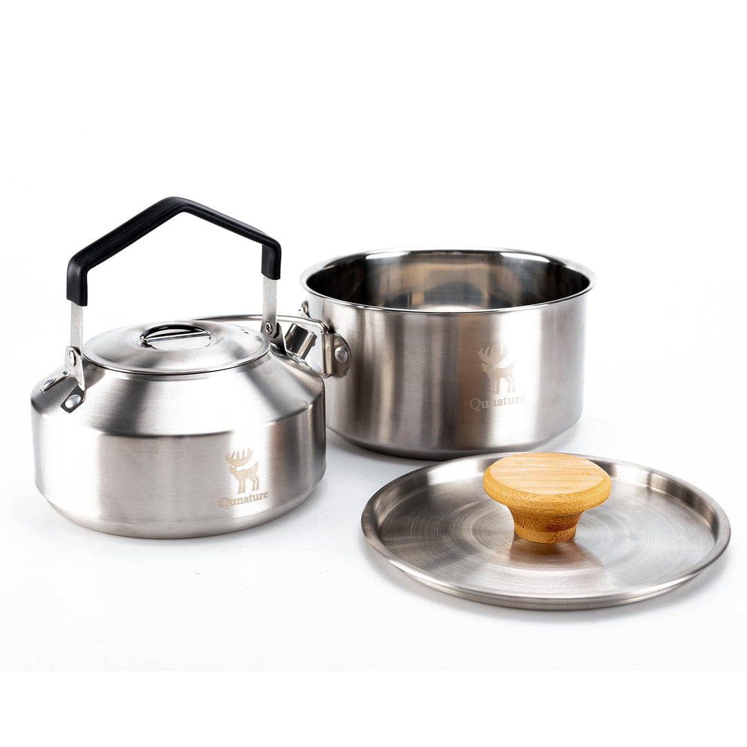 Camping Kochgeschirr Set Campinggeschirr mit Topf 1,5L und Teekessel 1,1L, Kompaktes Platzsparend St