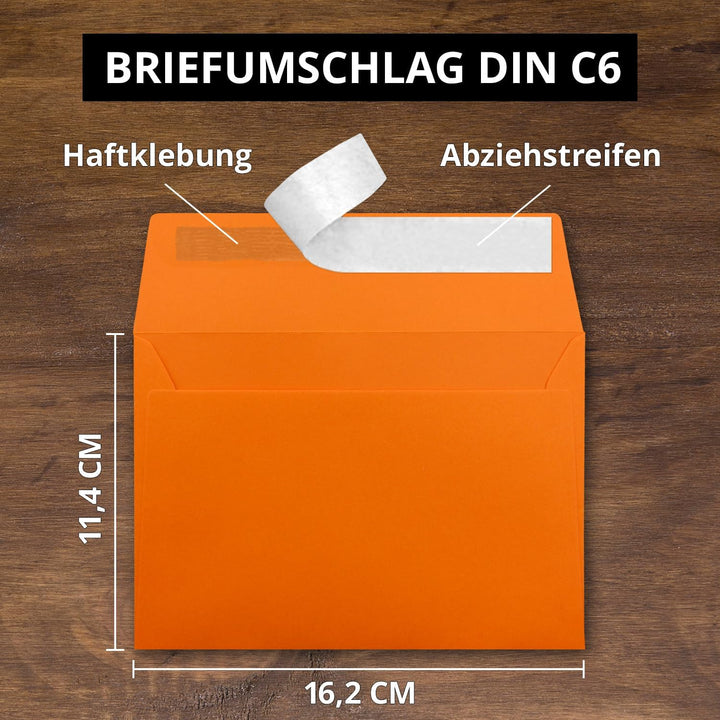 200x Briefumschläge Orange DIN C6 Format 11,4 x 16,2 cm - Haftklebung - Kuverts ohne Fenster - Weihn