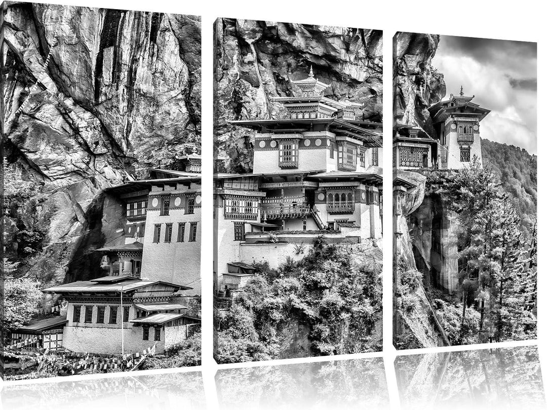 Pixxprint Monocrome, Chinesische Festung im Berg 3-Teiler Leinwandbild 120x80 Bild auf Leinwand
