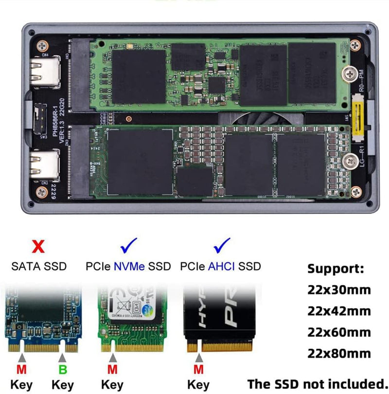 xiwai 20Gbps Dual NVME M.2 NGFF M-Key auf USB-C Typ-C Raid0 Raid1 JOBD Big Enclosure mit Lüfter Raid