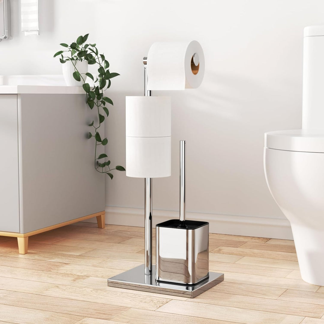 Toilettenpapierhalter Stehend mit WC Bürste - Edelstahl Garnitur mit Klopapierhalter und Klobürste,