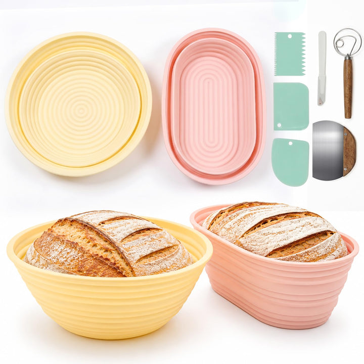 8 Stück Gärkörbchen Set, Silikon Gärkorb Brot Faltbarer 24cm Rund 27cm Oval | 50% Verdicktes Design