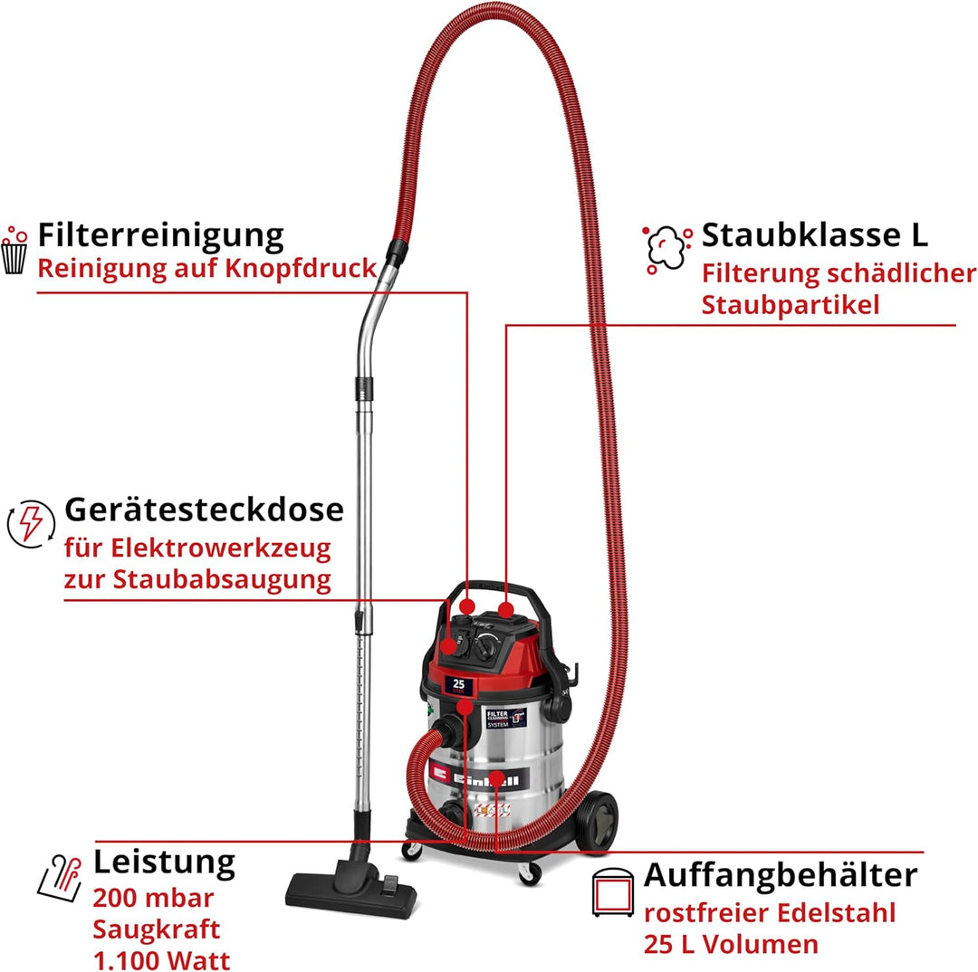 Einhell TE-VC 2580 SACL Wet/Dry Vacuum Cleaner (1100 W, 200 mbar Suction Power, 25 L Container, Dust