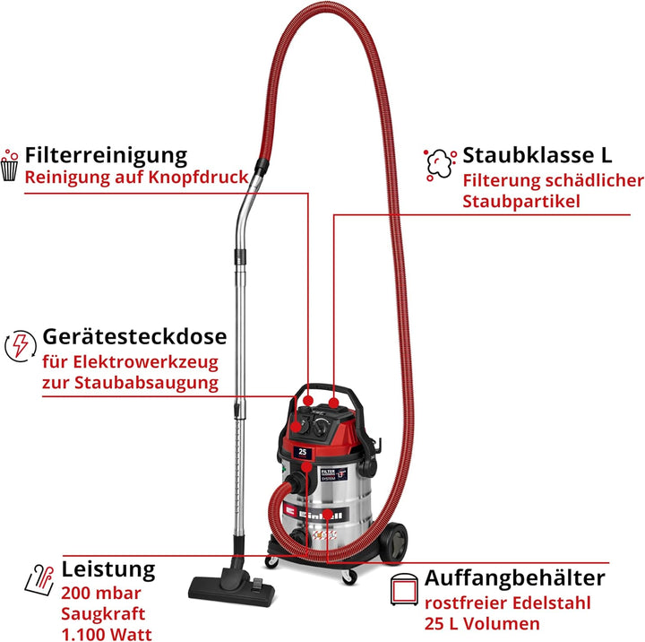 Einhell TE-VC 2580 SACL Wet/Dry Vacuum Cleaner (1100 W, 200 mbar Suction Power, 25 L Container, Dust