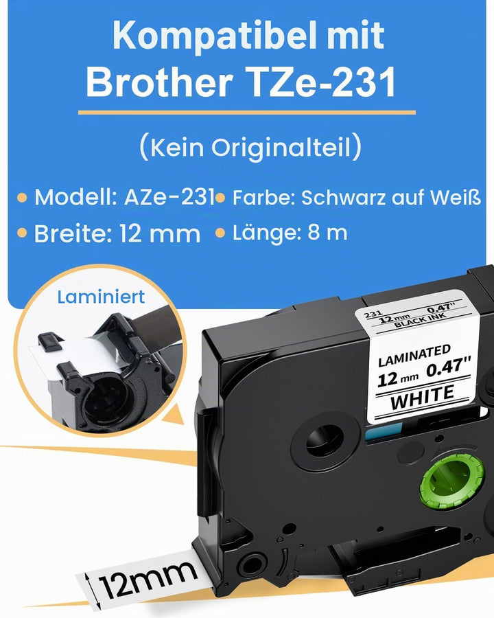 Oozmas TZ Tape 12mm 0.47 White kompatible mit Brother Ptouch Schriftband TZe-231 AZe-231, Laminated