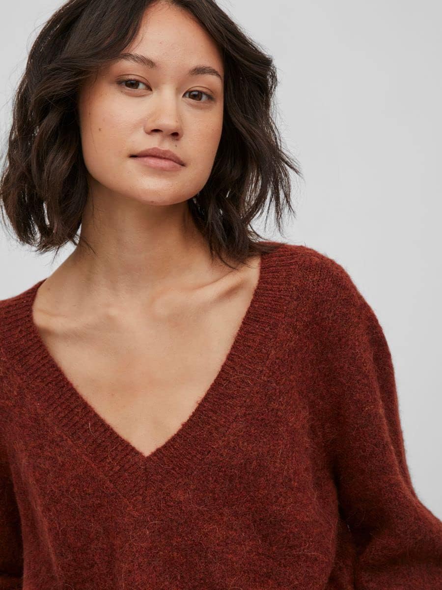 Vila Damen Vijamina Rev V-Neck L/S Knit Top-Noos Strickpullover XL Fired Brick, XL Fired Brick