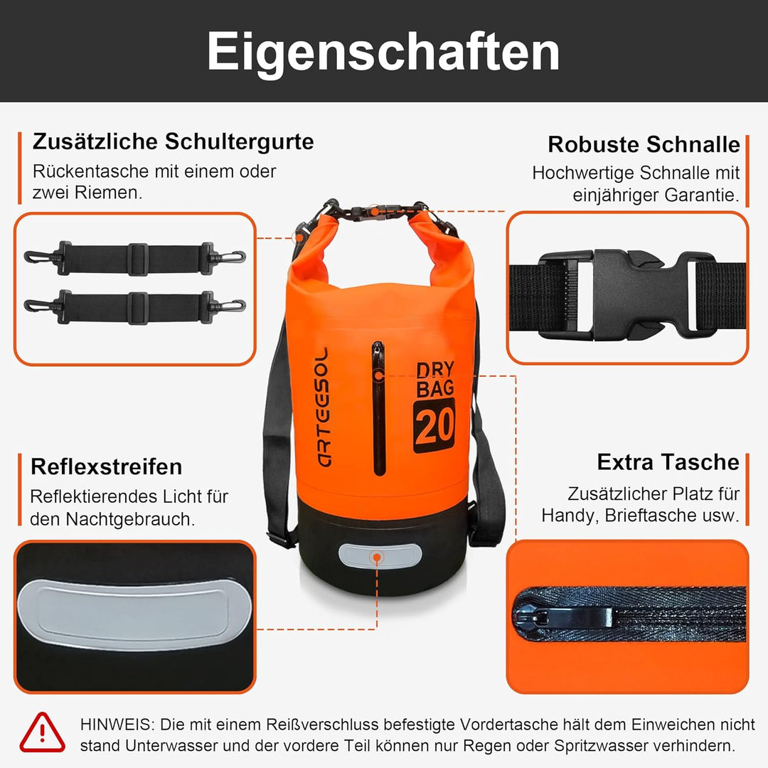 Dry Bag wasserdichte Tasche 5L/10L/20L/30L Wasserfester Beutel Packsack mit Langen Doppeltem Verstel