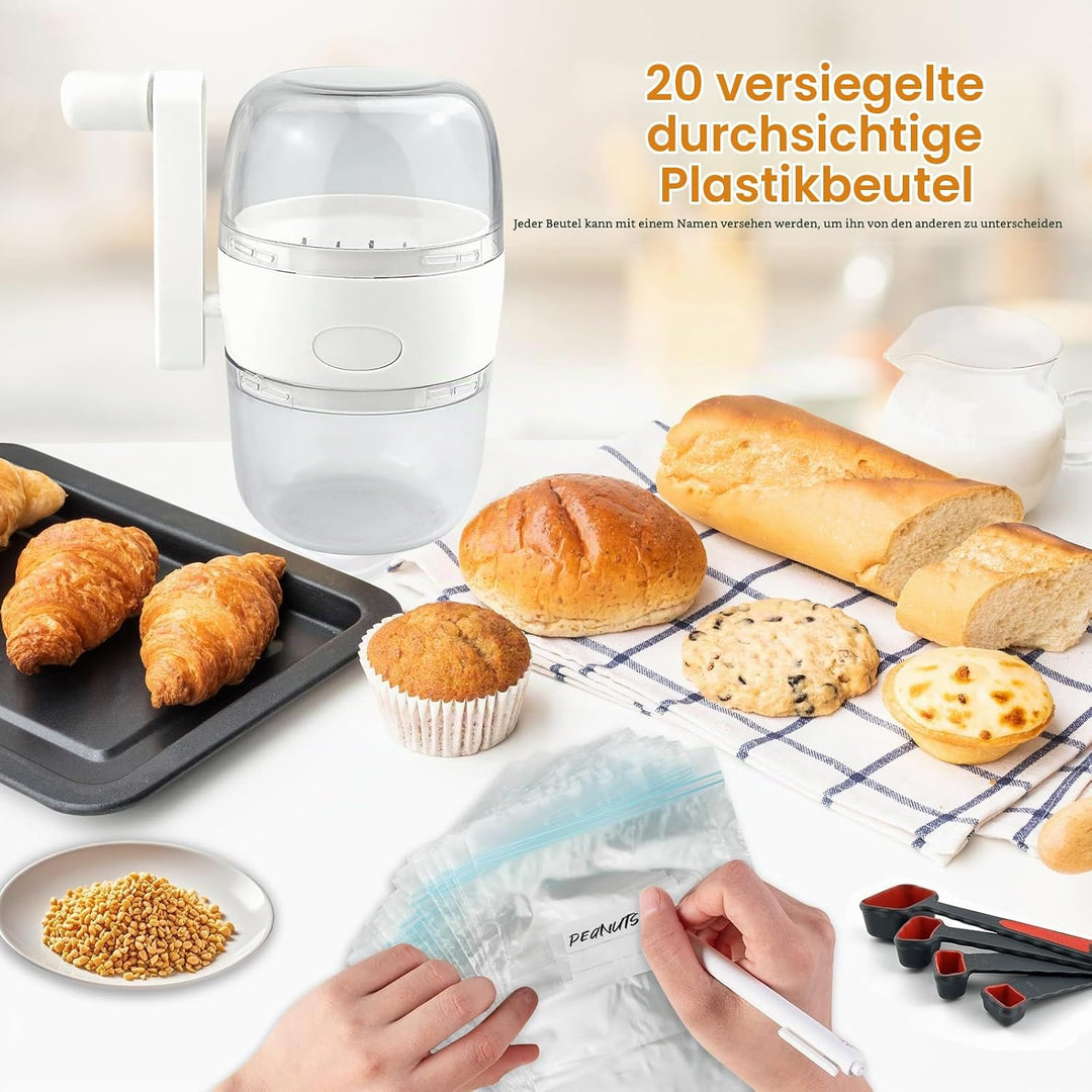 Nussmühle Manuell, Klein Nussmühle mit Handkurbel mit 20 Stk Versiegelter Beutel und 1 Stk Messlöffe