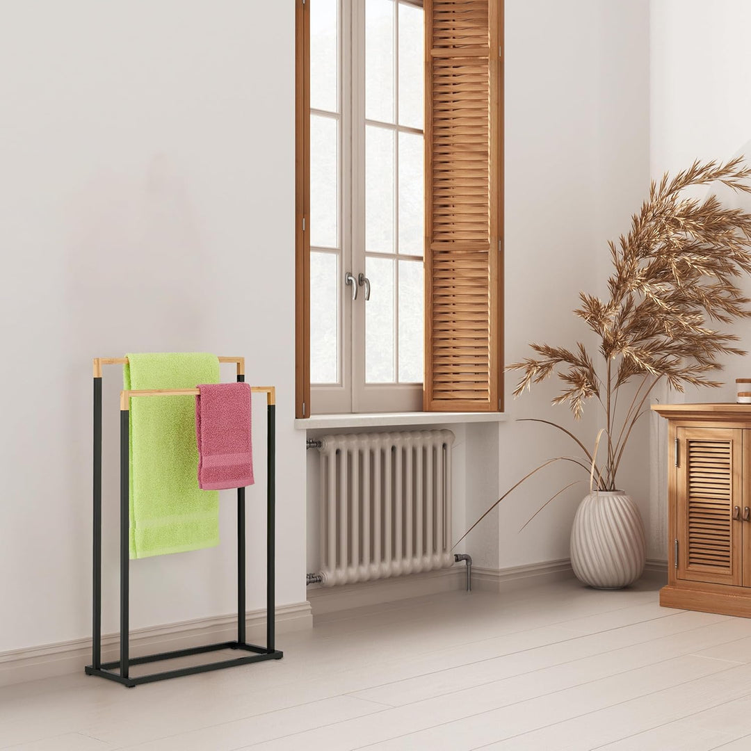 Relaxdays Handtuchständer, 2 Stangen, freistehend, HxBxT: 76x45x21,5 cm, Duschtuchhalter fürs Bad, E