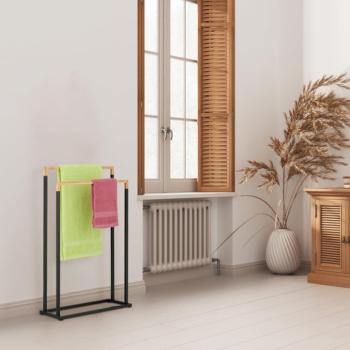 Relaxdays Handtuchständer, 2 Stangen, freistehend, HxBxT: 76x45x21,5 cm, Duschtuchhalter fürs Bad, E