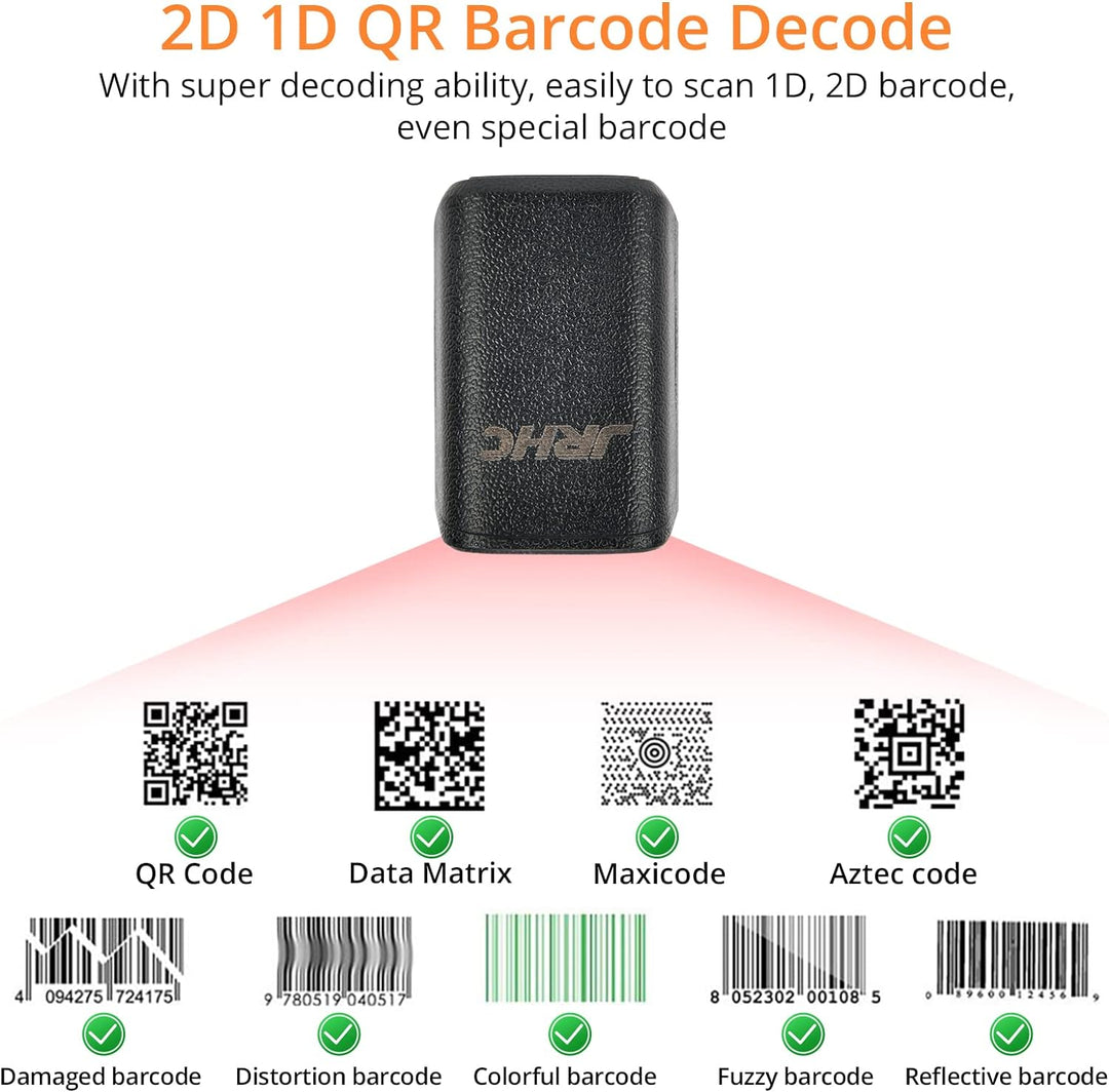 JRHC 1D 2D Bluetooth tragbarer Ring Barcode Scanner, tragbarer Mini Barcode-Barcode-Leser mit 2,4-GH