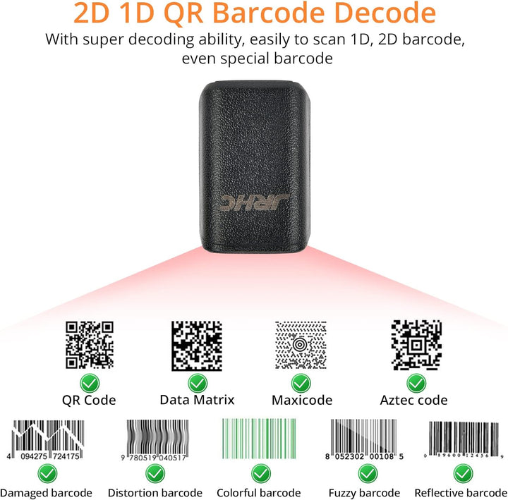 JRHC 1D 2D Bluetooth tragbarer Ring Barcode Scanner, tragbarer Mini Barcode-Barcode-Leser mit 2,4-GH