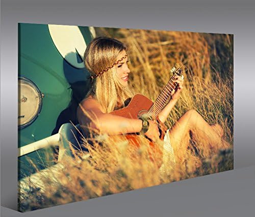 islandburner Bild Bilder auf Leinwand Hippie Girl V3 mit Bus T1 und Gitarre 1p XXL Poster Leinwandbi