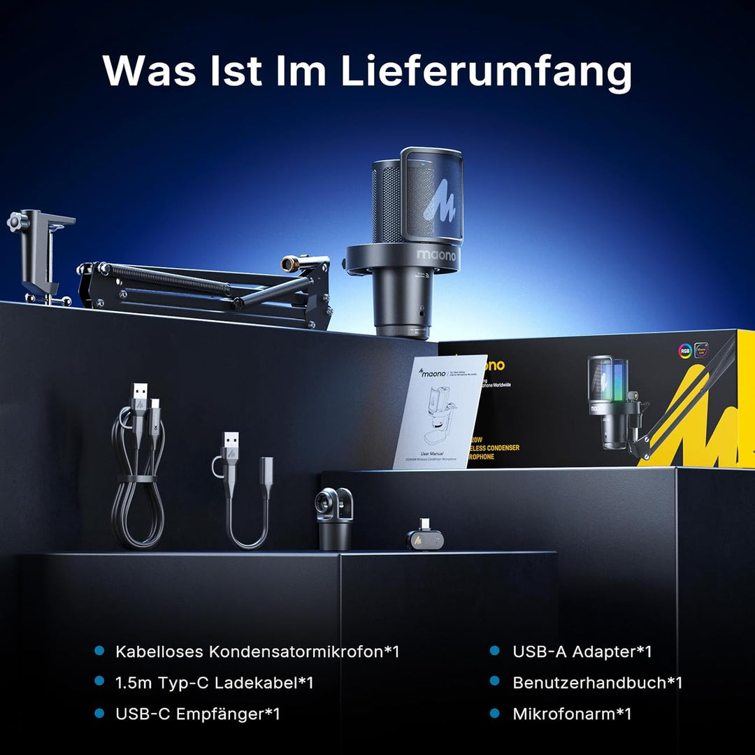 MAONO DGM20WS Wireless Mikrofon für PC, USB Mikrofon mit Mikrofonarm für Gaming & Streaming, Touch-G