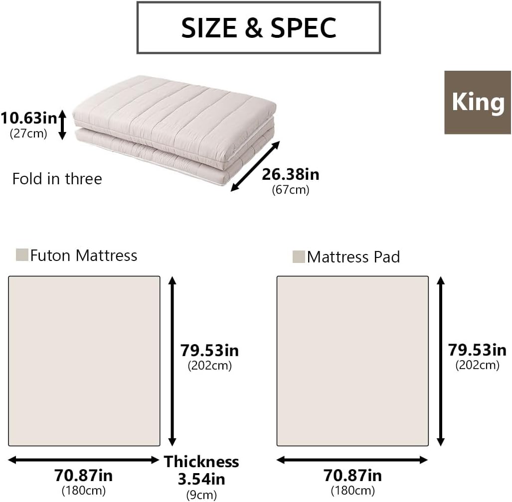 EMOOR Japanische Dreifach Gefaltete Futon-Matratze Machi mit Matratzenauflage 180 x 202 cm Grau, Zwi