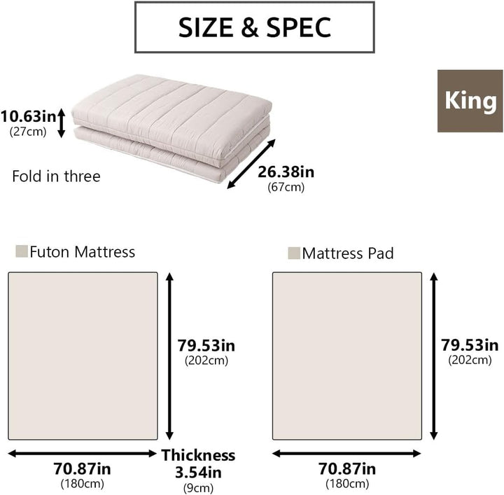 EMOOR Japanische Dreifach Gefaltete Futon-Matratze Machi mit Matratzenauflage 180 x 202 cm Grau, Zwi