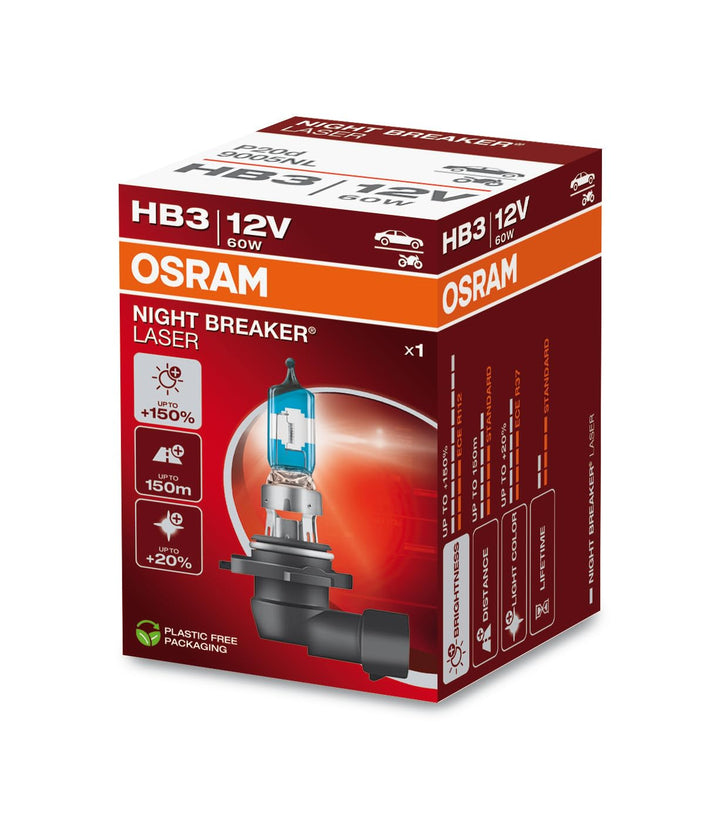 Osram NIGHT BREAKER LASER HB3, +150% mehr Helligkeit, Halogen-Scheinwerferlampe, 9005NL, 12V PKW, Fa
