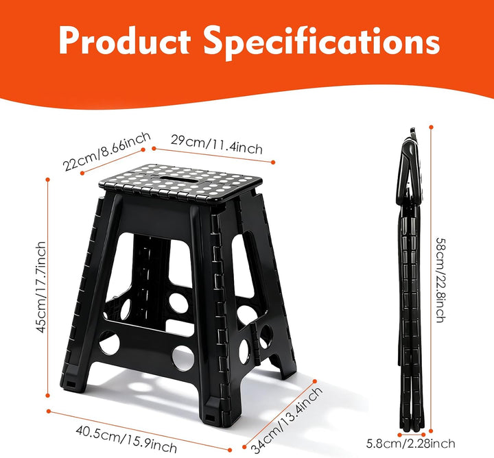 Klapptritt 45cm Schwarz, Faltbarer Tritthocker aus Kunststoff bis 150 kg, rutschfeste Oberfläche mit
