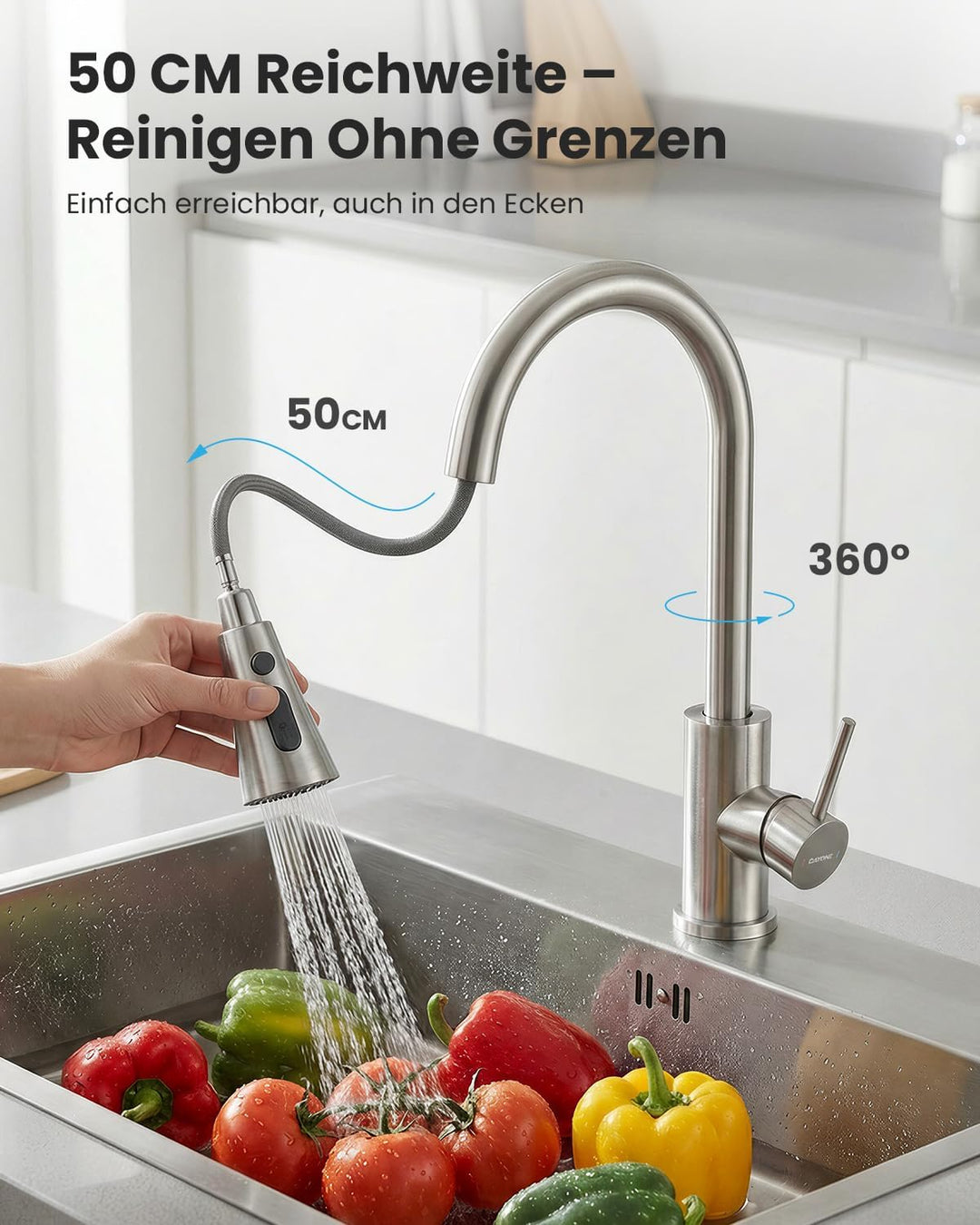 DAYONE Niederdruck Küchenarmatur, Ausziehbarer Wasserhahn mit 3 Strahlarten, Wasserhahn Küche mit 3