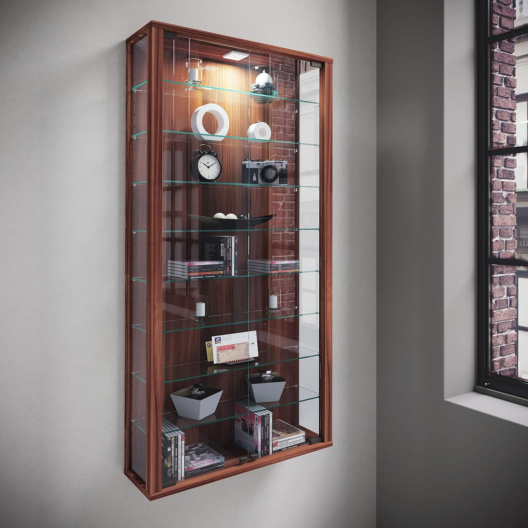 VCM Wandvitrine Sammelvitrine Glasvitrine Wand Vitrine Regal Schrank Glas ohne Beleuchtung Kern-Nuss