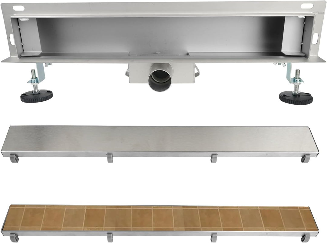 Duschrinne, Edelstahl Komplettset Wandablauf Wandmontage Befliesbar Haarsieb Rinne mit Siphon Montag