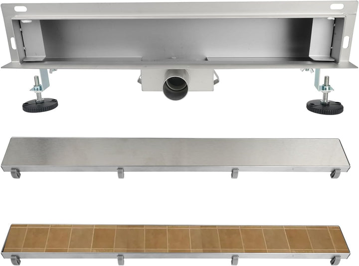 Duschrinne, Edelstahl Komplettset Wandablauf Wandmontage Befliesbar Haarsieb Rinne mit Siphon Montag