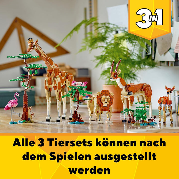 LEGO Creator 3in1 Tiersafari, Kreativ-Set mit Tierfiguren, 3 Baumöglichkeiten: Spielzeug-Giraffe, Ga