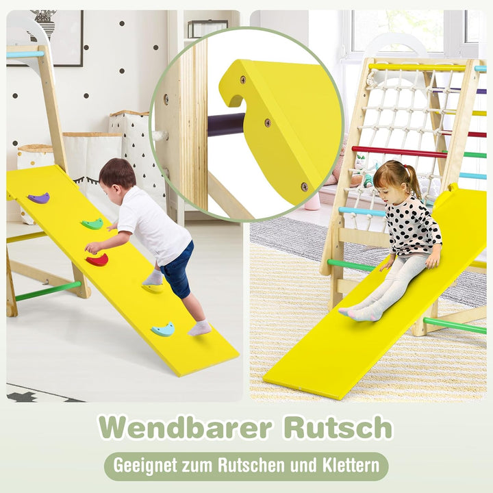 COSTWAY Klettergerüst Indoor, 6 in 1 Turnringen & Kletterfelsen & Kletternetz & Leiter & Pull Up Bar