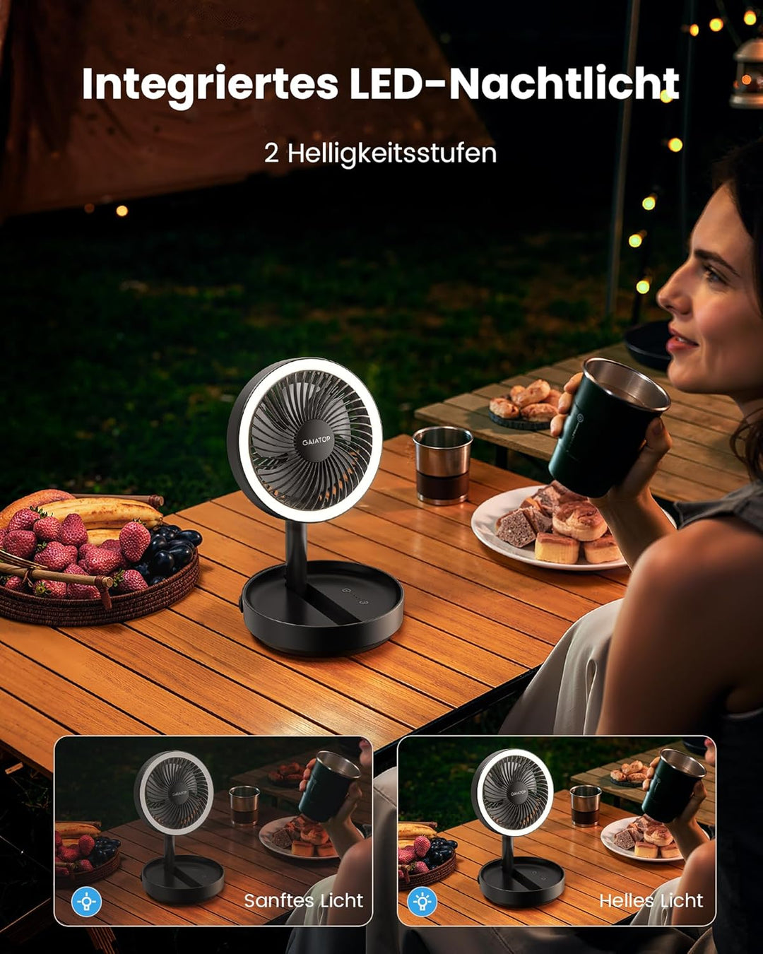Gaiatop Faltbare Tischventilator Tragbarer Ventilator, 6000mAh Akku Ventilator mit Nachtlicht, 17CM