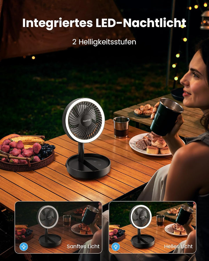Gaiatop Faltbare Tischventilator Tragbarer Ventilator, 6000mAh Akku Ventilator mit Nachtlicht, 17CM