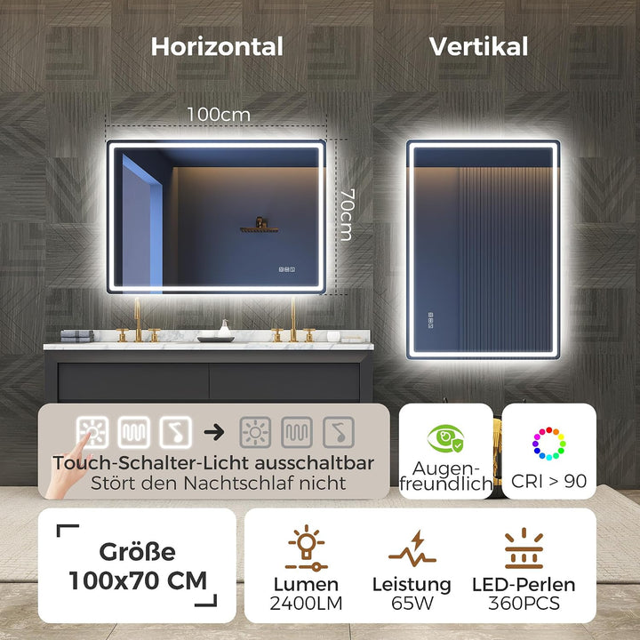 STARLEAD Badspiegel-mit-Beleuchtung 100x70cm, Spiegel-mit-Beleuchtung und Entfoggen, Bluetooth, Dimm