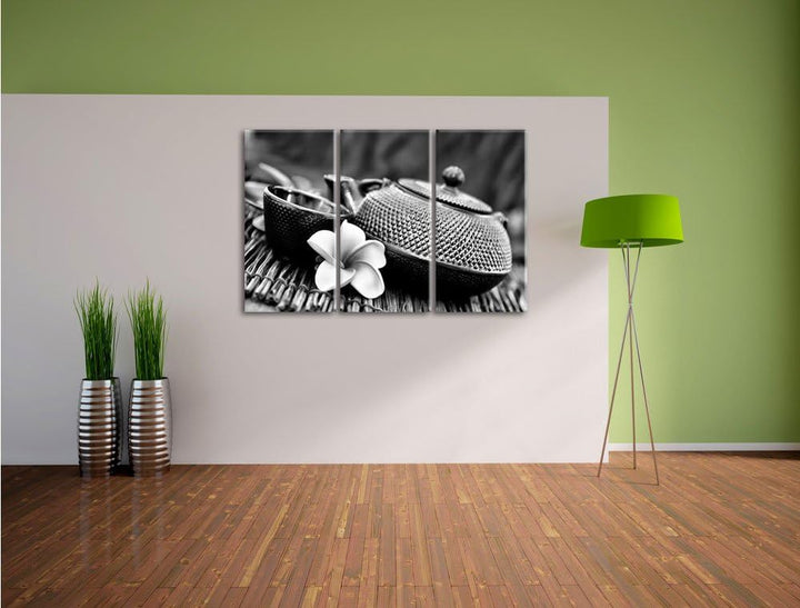 Pixxprint Teekanne mit Kräutern als Leinwandbild/Grösse: 3 Teilig (120x80) cm/Wandbild/Kunstdruck/fe