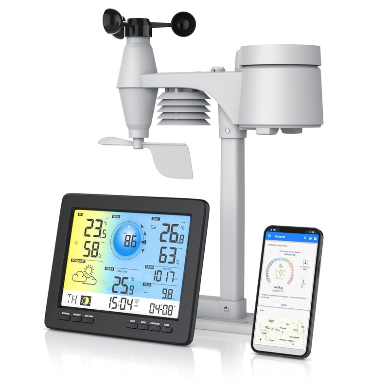 Brandson - Wlan Wetterstation mit 5 in 1 Aussensensor – LCD Farbdispay - Wetterdaten per App WiFi Sm