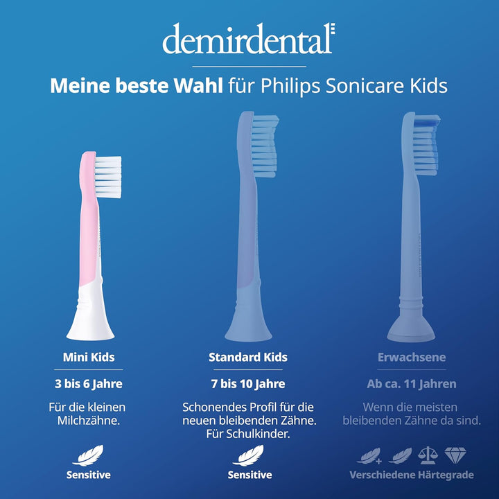 demirdental Kinder Ersatzbürsten passend für Philips Sonicare Kids, Compact Mini Bürstenköpfe für 3-