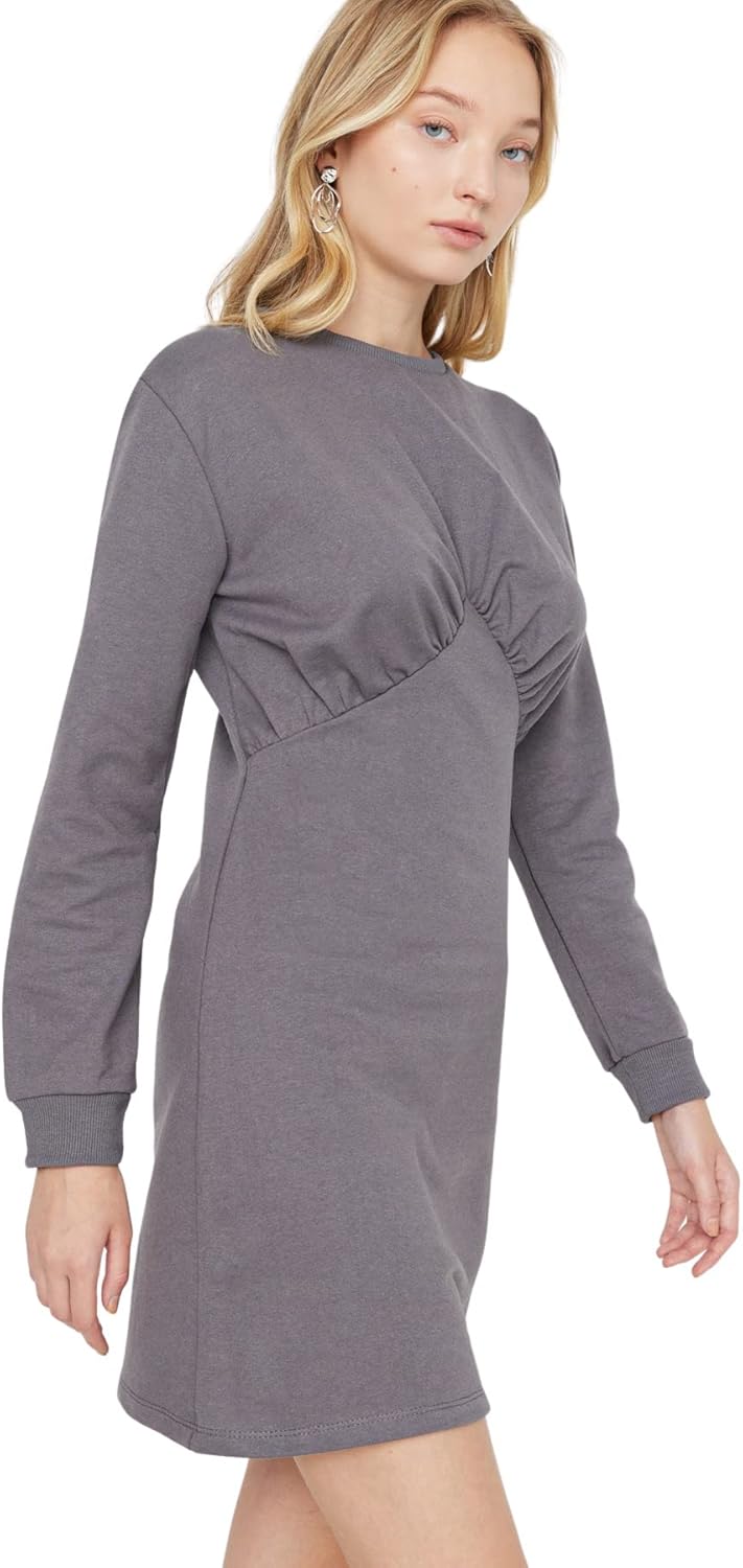 TRENDYOL Damen Woman Maxi Skater Rundhalsausschnitt Webstoff Kleid M Gray, M Gray