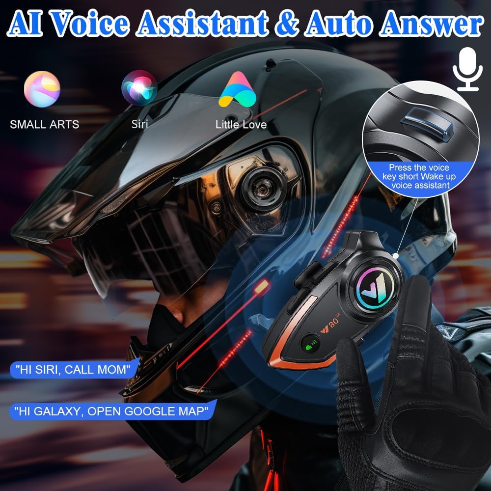 OBEST Gegensprechanlage für Motorradhelm, mit Bluetooth 5.3, HD, Klangqualität, RGB-Licht, Unterstüt