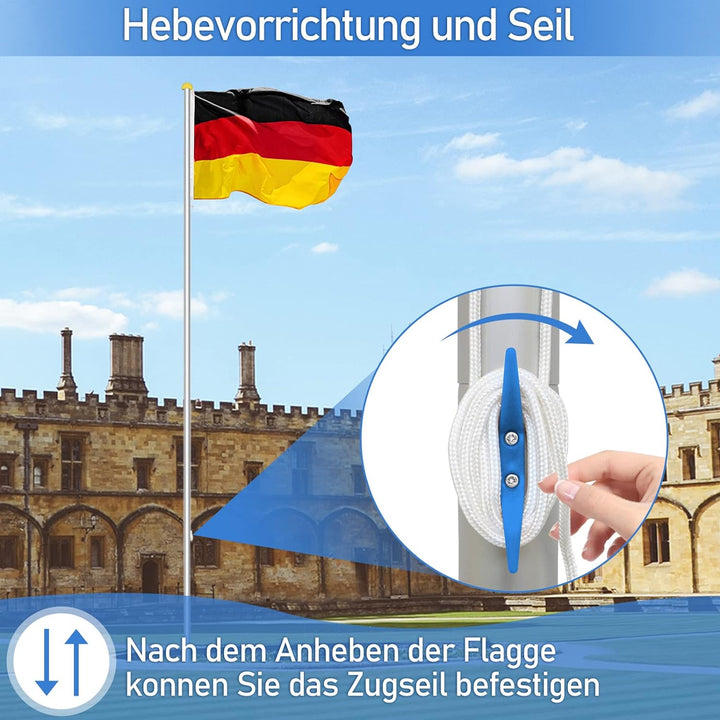 Jiubiaz Fahnenmast Aluminium Teleskop 6,50m, Fahnenstange Bodenhülse 50cm, inkl Deutschlandfahne, Hö