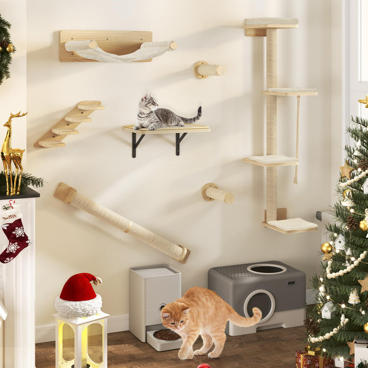 YITAHOME 7PCS Kletterwand Katzen, Katzen-Wandmöbel aus Holz, Katzen-Kletterbaum mit 3 Kratzbäumen/4