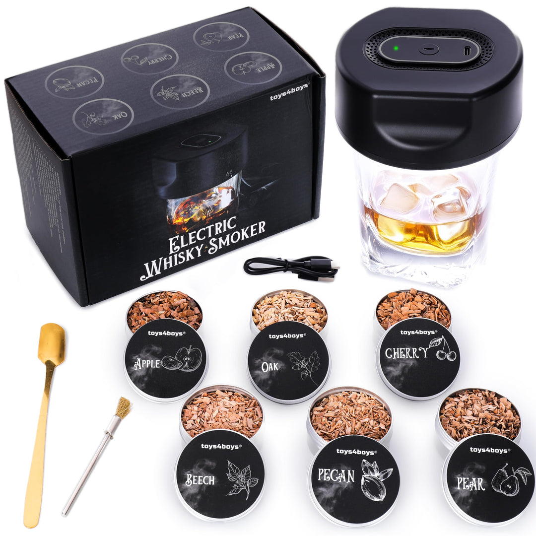 Toys4Boys Elektrischer Whisky Smoker Set - Whiskey Smoker Kit mit 6 Holzsorten - USB Räuchergerät fü
