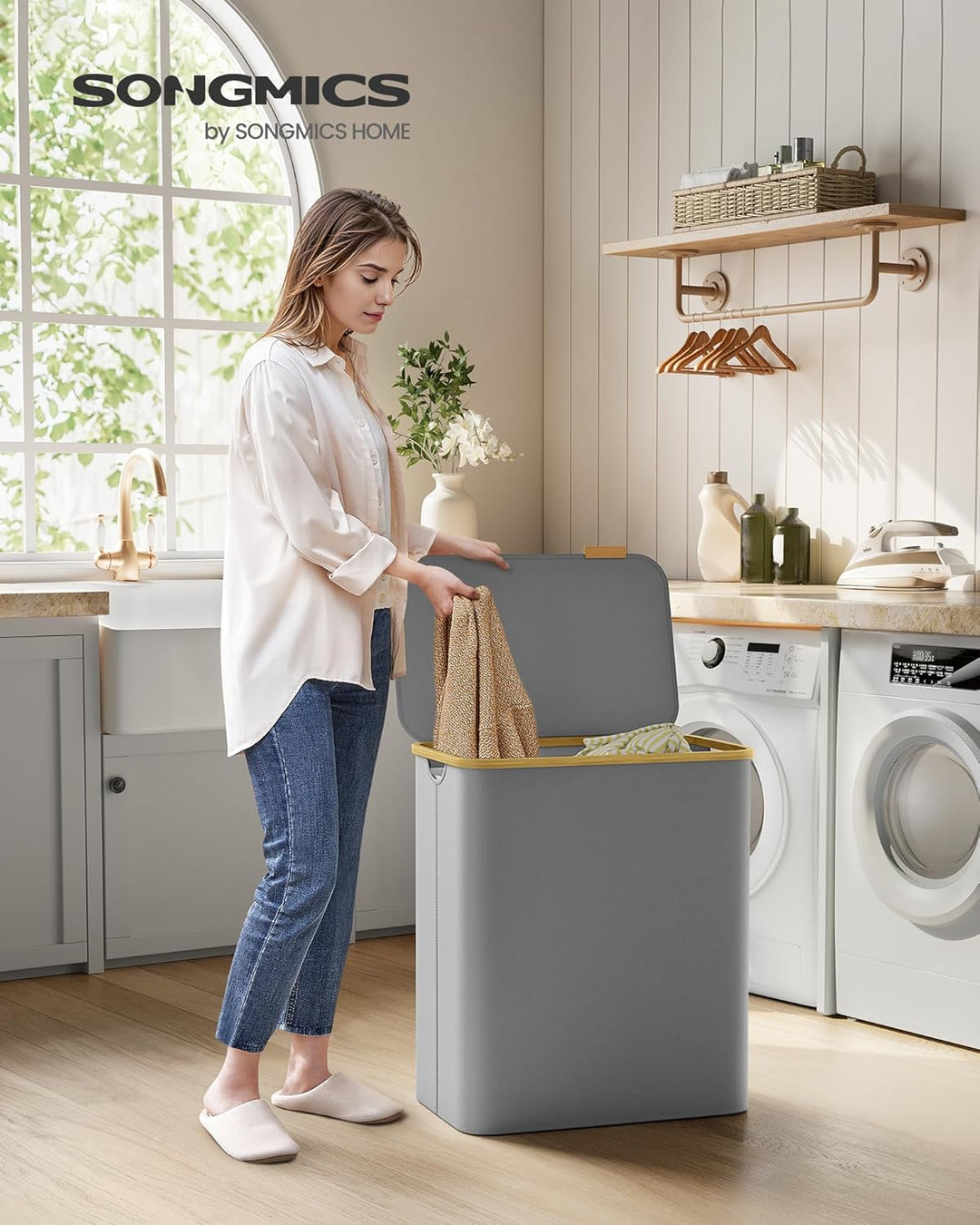 SONGMICS Wäschekorb mit Deckel, Wäschesammler mit 3 Fächern, 150 L, herausnehmbarer Wäschesack, Oxfo