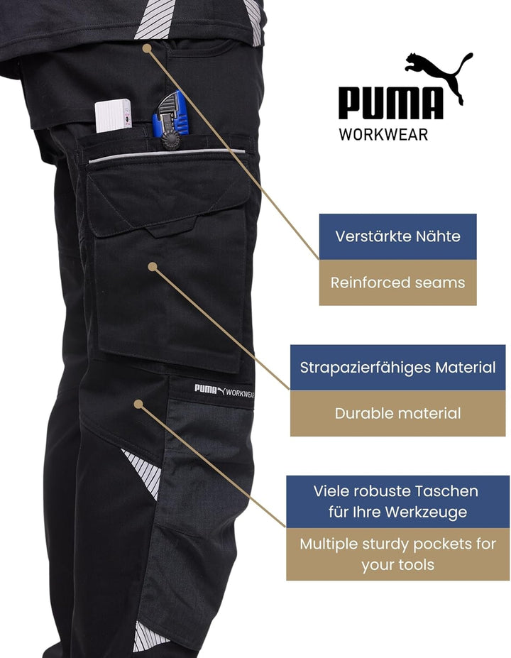 PUMA WORK WEAR Premium Arbeitshose mit vielen Taschen und extra verstärktem Nylon Gewebe 62 Schwarz/