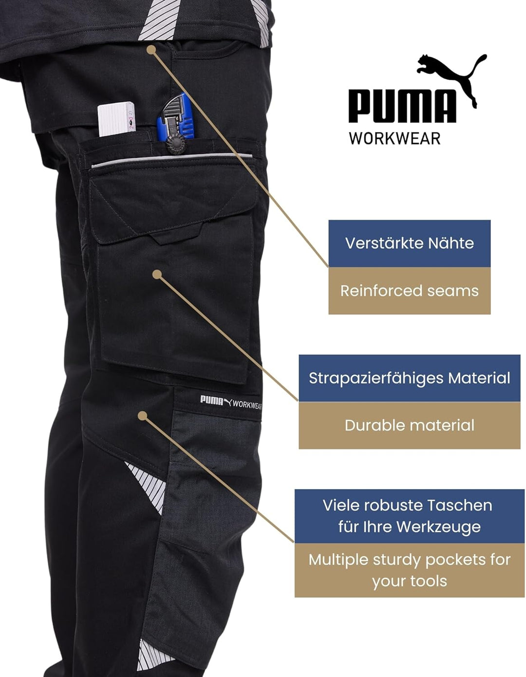 PUMA WORK WEAR Premium Arbeitshose mit vielen Taschen und extra verstärktem Nylon Gewebe 52 Schwarz/